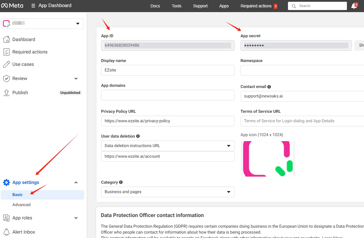 copy app id and app secret